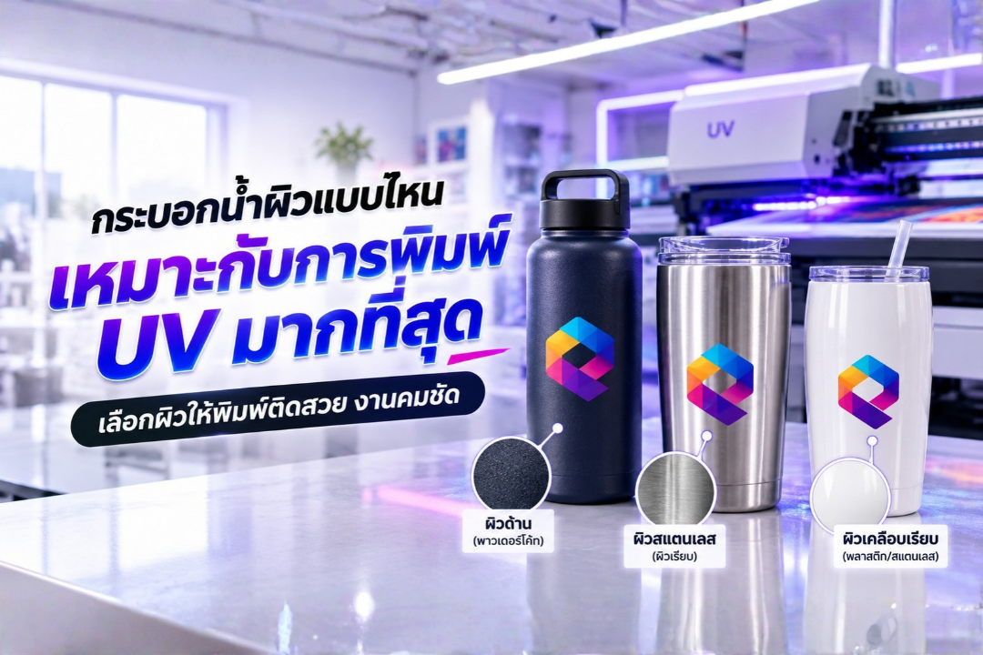 ภาพปกบทความแสดงกระบอกน้ำ 3 แบบ พร้อมตัวอย่างพื้นผิวที่เหมาะกับการพิมพ์ UV เช่น ผิวด้าน ผิวสแตนเลส และผิวเคลือบเรียบ