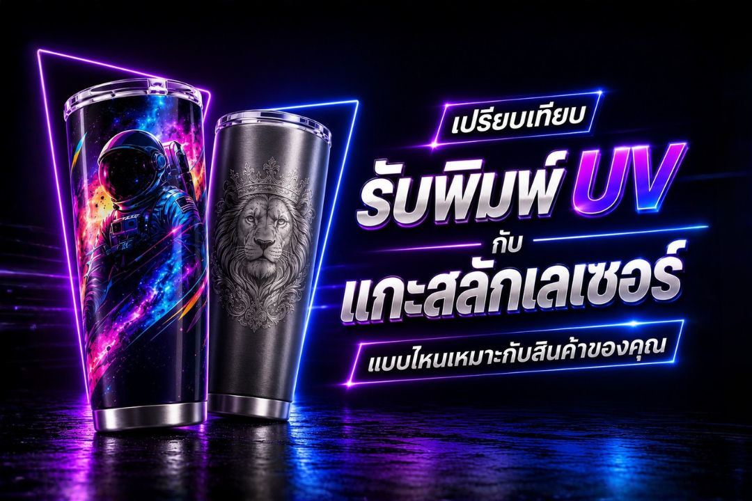 ภาพเปรียบเทียบรับพิมพ์ UV กับแกะสลักเลเซอร์บนแก้วน้ำ ว่าแบบไหนเหมาะกับสินค้าแต่ละประเภท